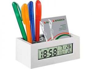 Настольный прибор с часами, датой, термометром, подставками под ручки и визитки ― Интернет Магазин Дворец Подарков