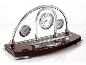 Погодная станция «Кембридж»: часы, термометр, гигрометр на деревянной подставке ― Интернет Магазин Дворец Подарков